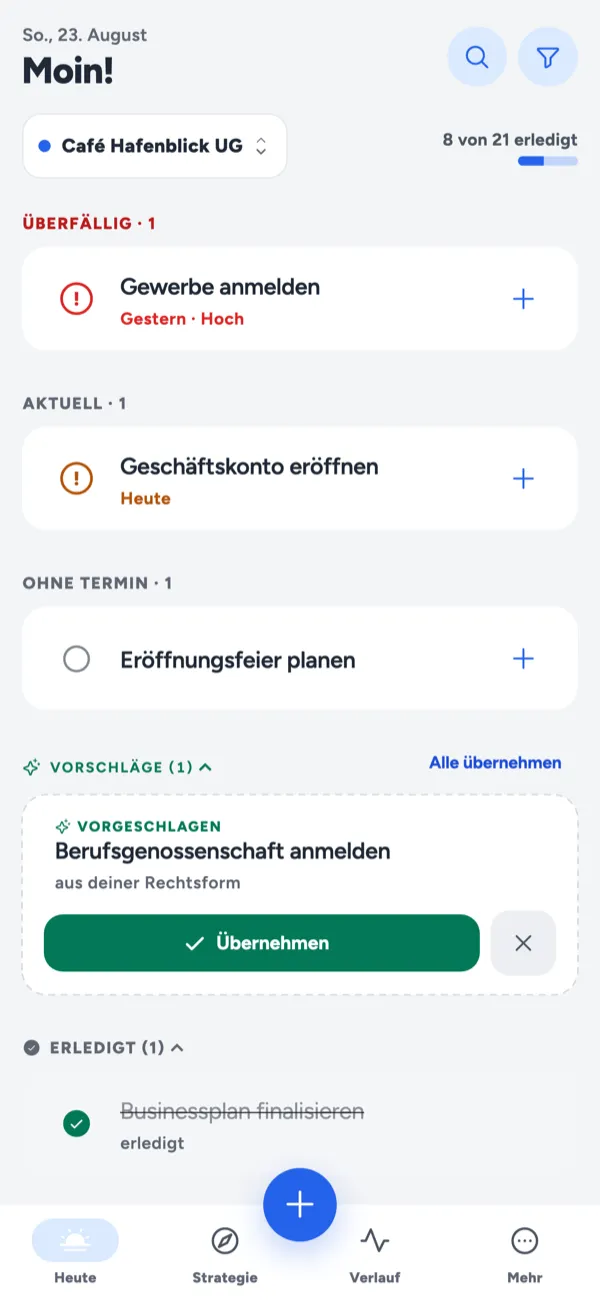 aktuator Aufgabenliste in der Gründungsphase einer UG mit ELSTER-Zertifikat, Passwort-Tresor und Gesellschaftsvertrag als vorgeschlagene Aufgaben