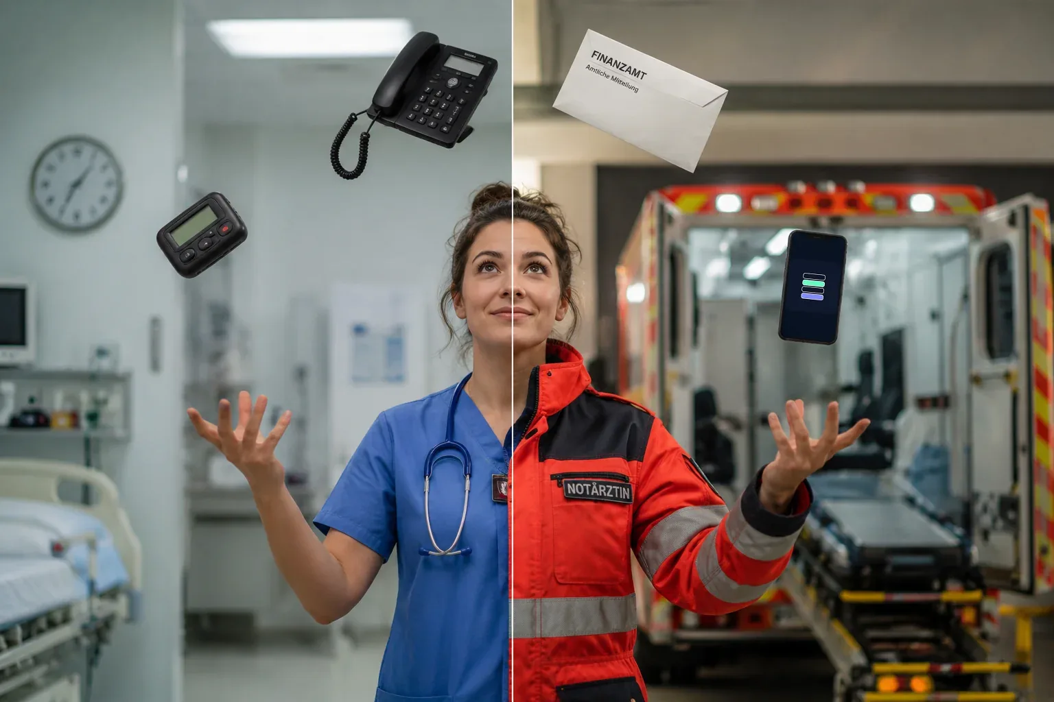 Junge Ärztin, vertikal halb-halb geteilt: links im Klinik-OP-Hemd mit Stethoskop und Pager im Krankenhausflur, rechts in roter Notarzt-Jacke mit Schriftzug NOTÄRZTIN vor einem Rettungswagen, dazu Telefon, Smartphone und ein Brief vom Finanzamt — symbolische Darstellung der Doppel-Rolle als Klinikärztin und nebenberufliche Notärztin.
