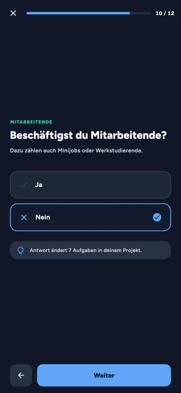 aktuator Idee-Phase einer UG mit grüner Übergangs-Karte 'Bereit?' und PDF-Export-Button für die notarielle Beurkundung
