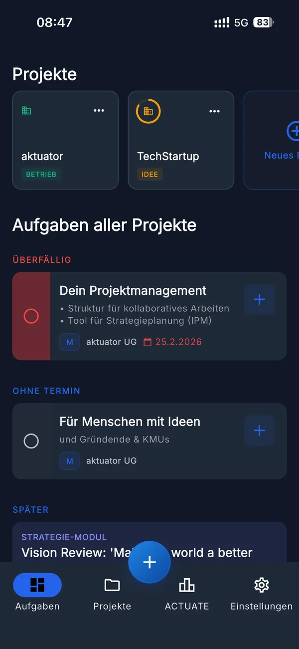 aktuator Dashboard im Dark Mode mit heutigen Aufgaben und OKR-Fortschritt